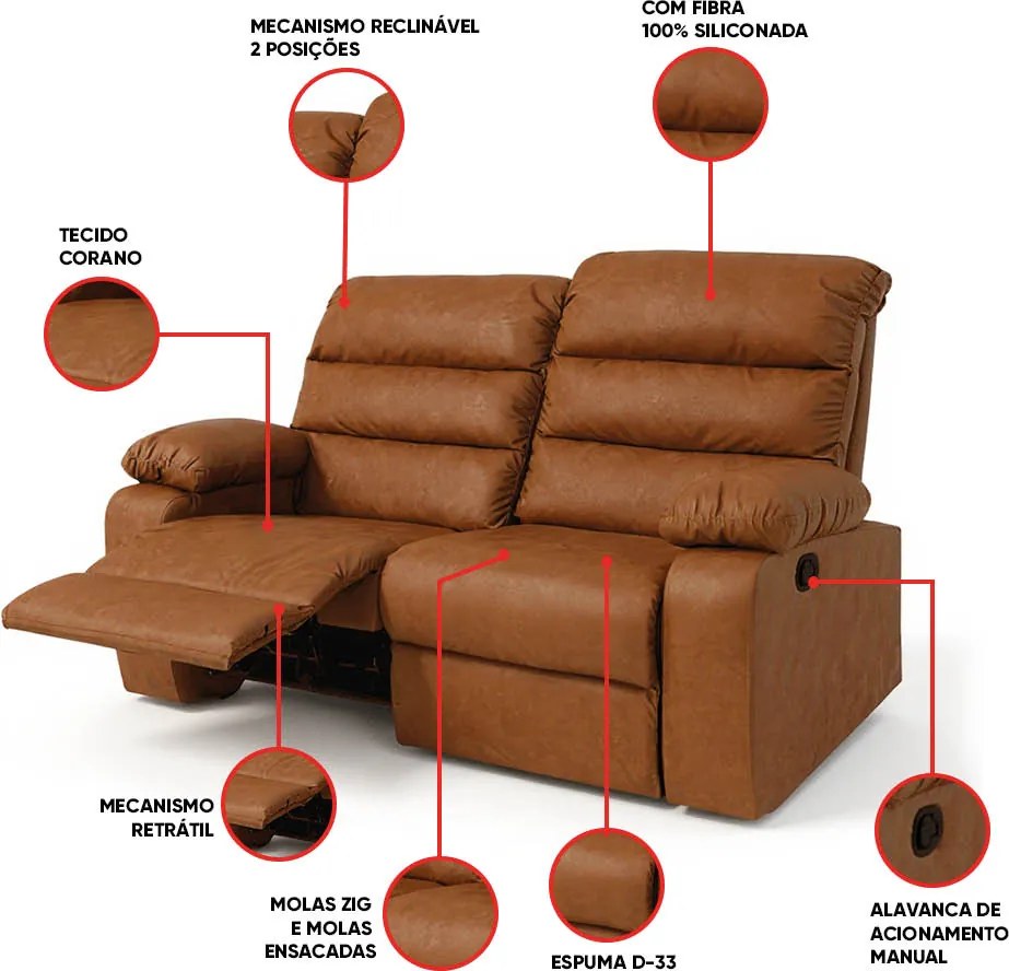 Sofá 2 Lugares Reclinável Retrátil 170cm Naaman Sintético PU Nozes K01 - D'Rossi