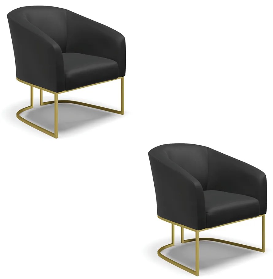 Poltrona Decorativa Industrial Dourado kit 2 Stella Sintético D03 - D'Rossi - Preto