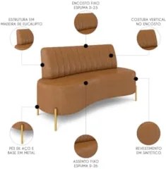 Sofá 2 Lugares 160cm Pés Aço Dourado Tamar Sintético Camel Z08 - Mpoze