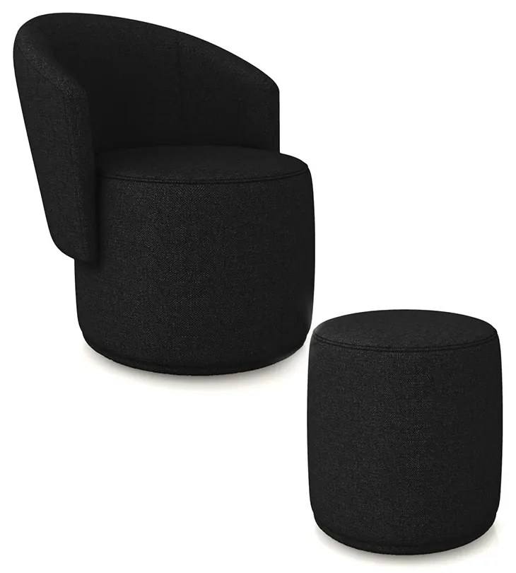 Poltrona e Puff Redondo Orgânico para Sala Malu Linho M11 - D'Rossi - Preto