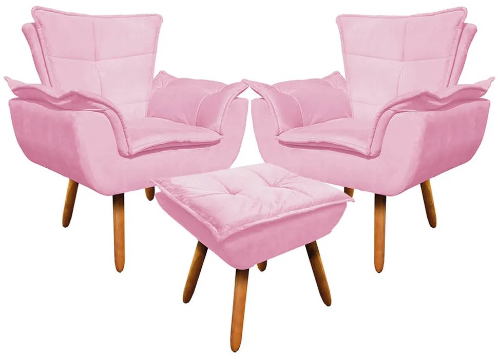 02 Poltronas e 01 Puff Pé Palito de Madeira Opala Suede D03 - D'Rossi - Rosa Bebê