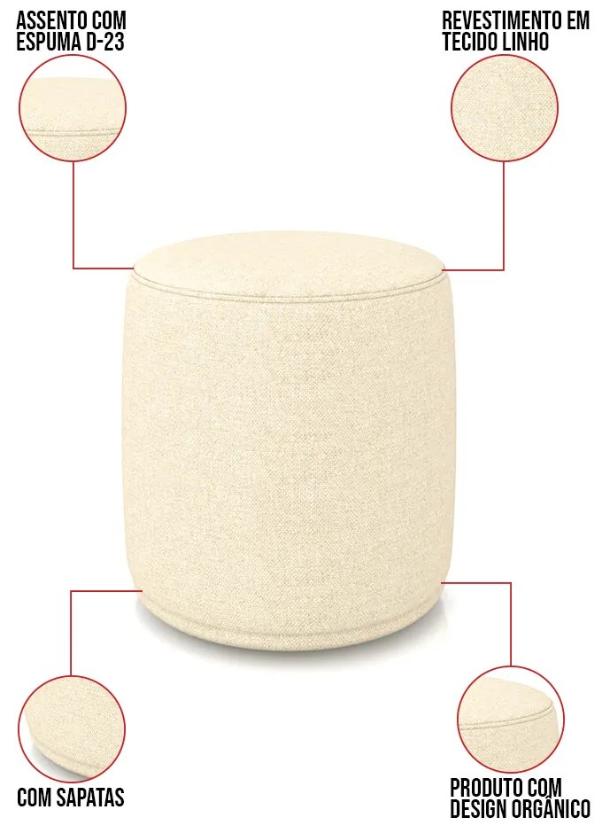 Puff Redondo Orgânico para Sala Kit 2 Malu Linho M11 - D'Rossi - Bege
