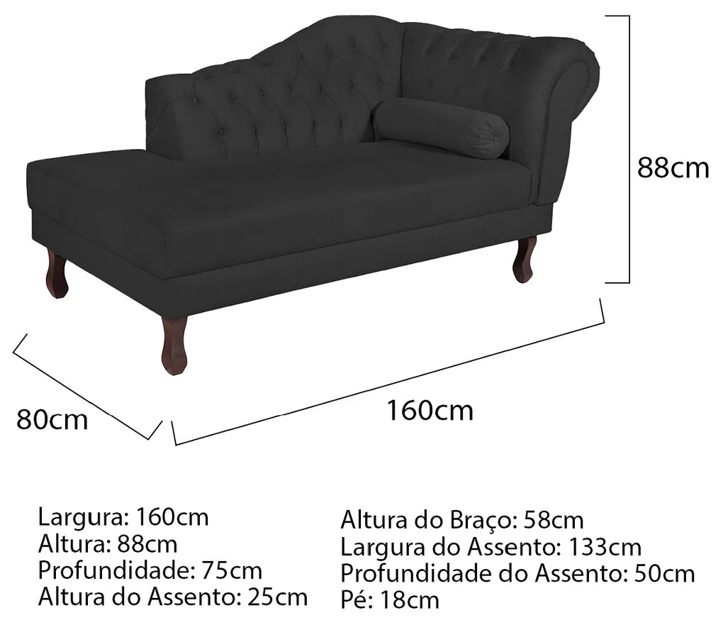 Recamier Diana 160cm Lado Esquerdo Corano Preto - ADJ Decor