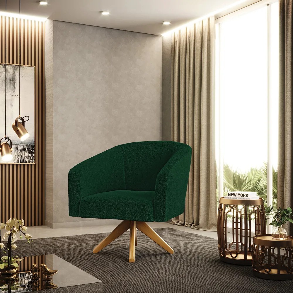 Poltrona Sala Decorativa Giratória Madeira Stella Bouclê D03 - D'Rossi - Verde