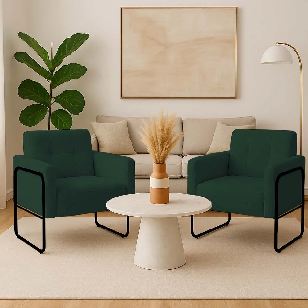 Poltrona Sala Industrial Alta Tubo Preto kit 2 Elisa Bouclê D03 - D'Rossi - Verde