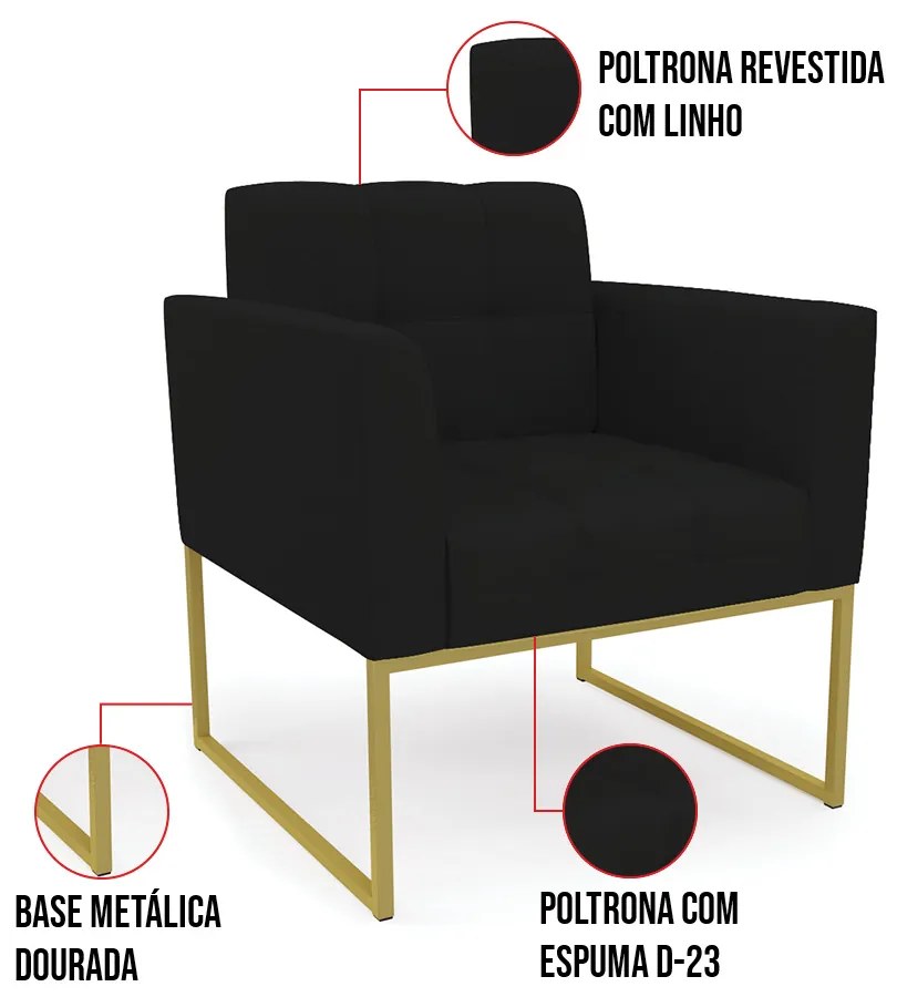 Kit 1 Sofá Namoradeira e 1 Poltrona Elisa Linho Base Metálica Industrial Dourado D03 - D'Rossi - A79 Preto