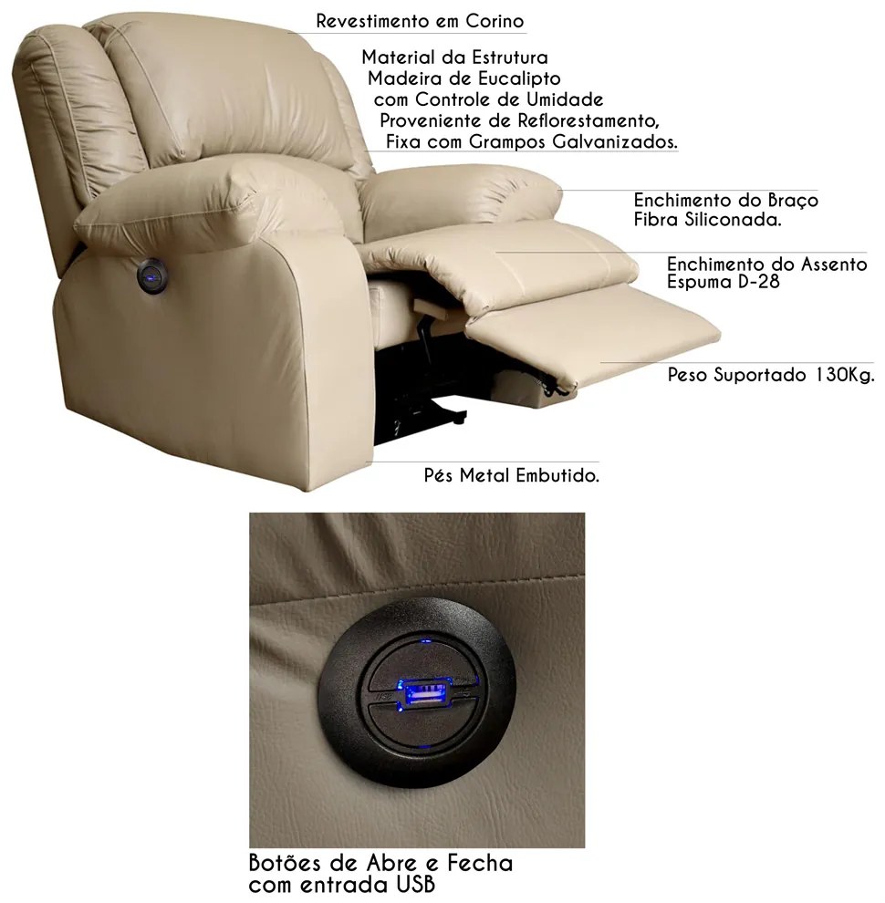 Poltrona do Papai Reclinável Elétrica com Entrada USB Magnum PU Sintético Bege G23 - Gran Belo