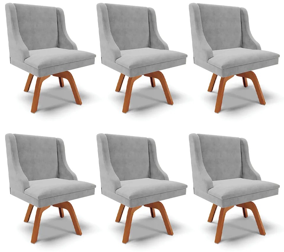 Kit 6 Cadeiras Decorativas Sala de Jantar Base Giratória de Madeira Firenze Suede Cinza/Natural G19 - Gran Belo