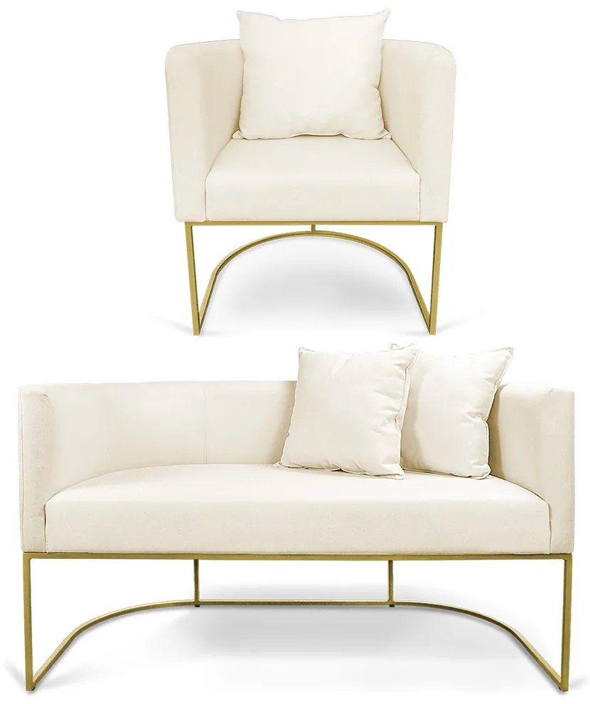 Kit 01 Namoradeira 02 Lugares e 01 Poltrona Paola Linho Base Metálica Dourado D03 - D'Rossi - A19 Grosso Bege