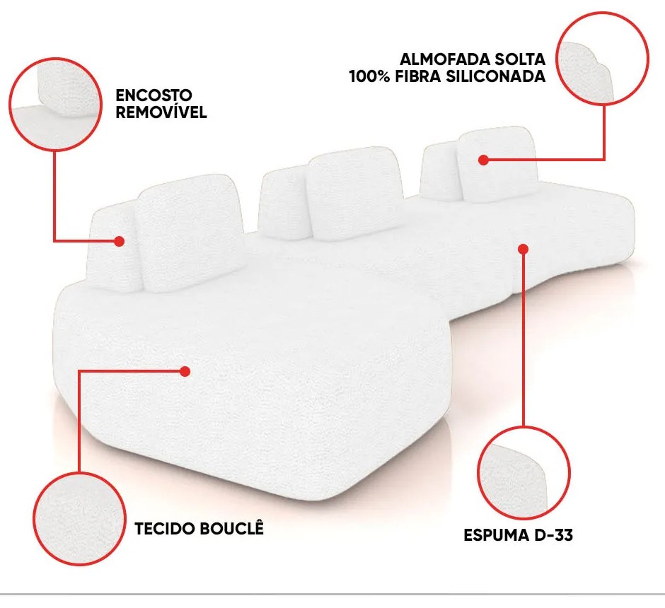 Sofá 3 Lugares Orgânico com Chaise e 2 Módulos Berlim Bouclê Off K01 - D'Rossi - Off White