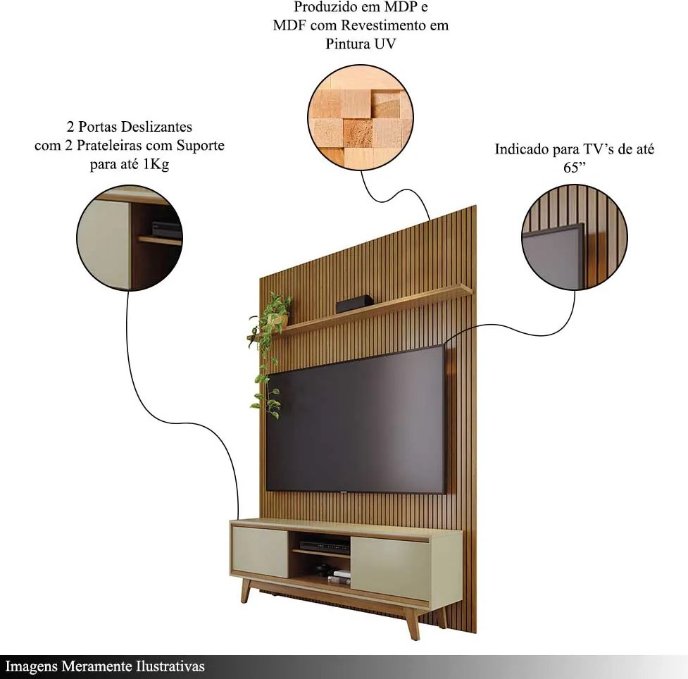 Conjunto Painel com Bancada Cesar 2 Portas Deslizantes 2 Prateleiras MDP até 65 Cumaru/Opala G97 - Gran Belo