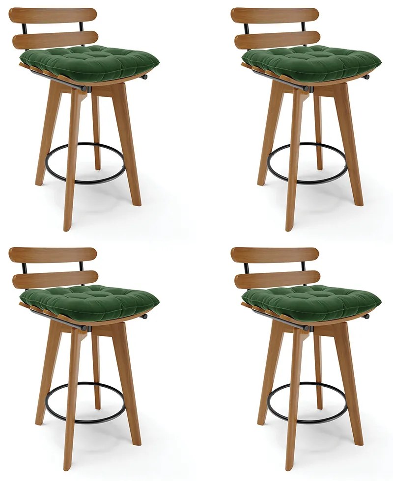 Kit 04 Banquetas Giratória Costela Suede Verde Base Madeira MA70 - D'Rossi
