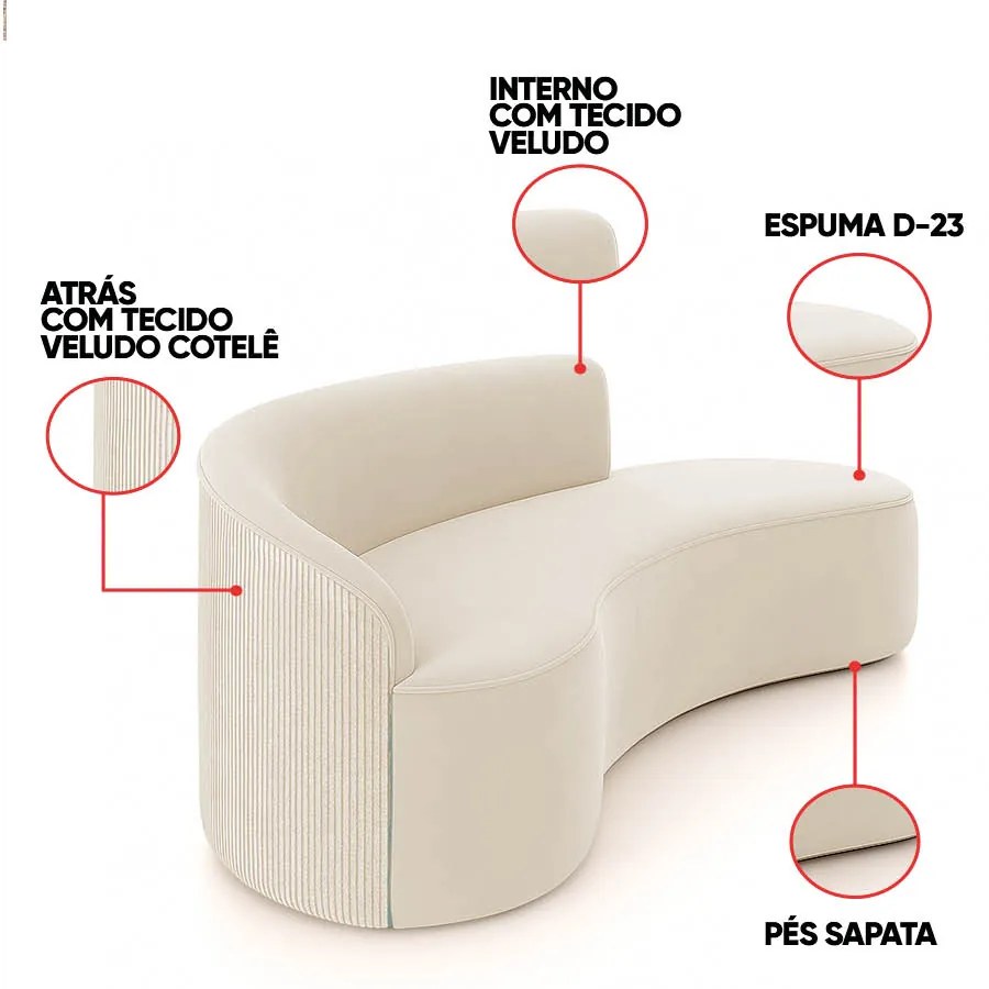 Sofá 4 Lugares Orgânico 220 cm Morgan Veludo/Cotelê D03 - D'Rossi - Bege