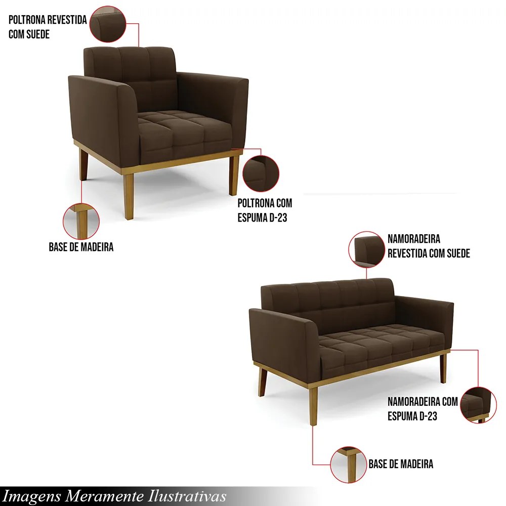 Conjunto Poltrona e Namoradeira Decorativas Karen Pés Fixo em Madeira Castanho Suede Marrom 19 - Gran Belo
