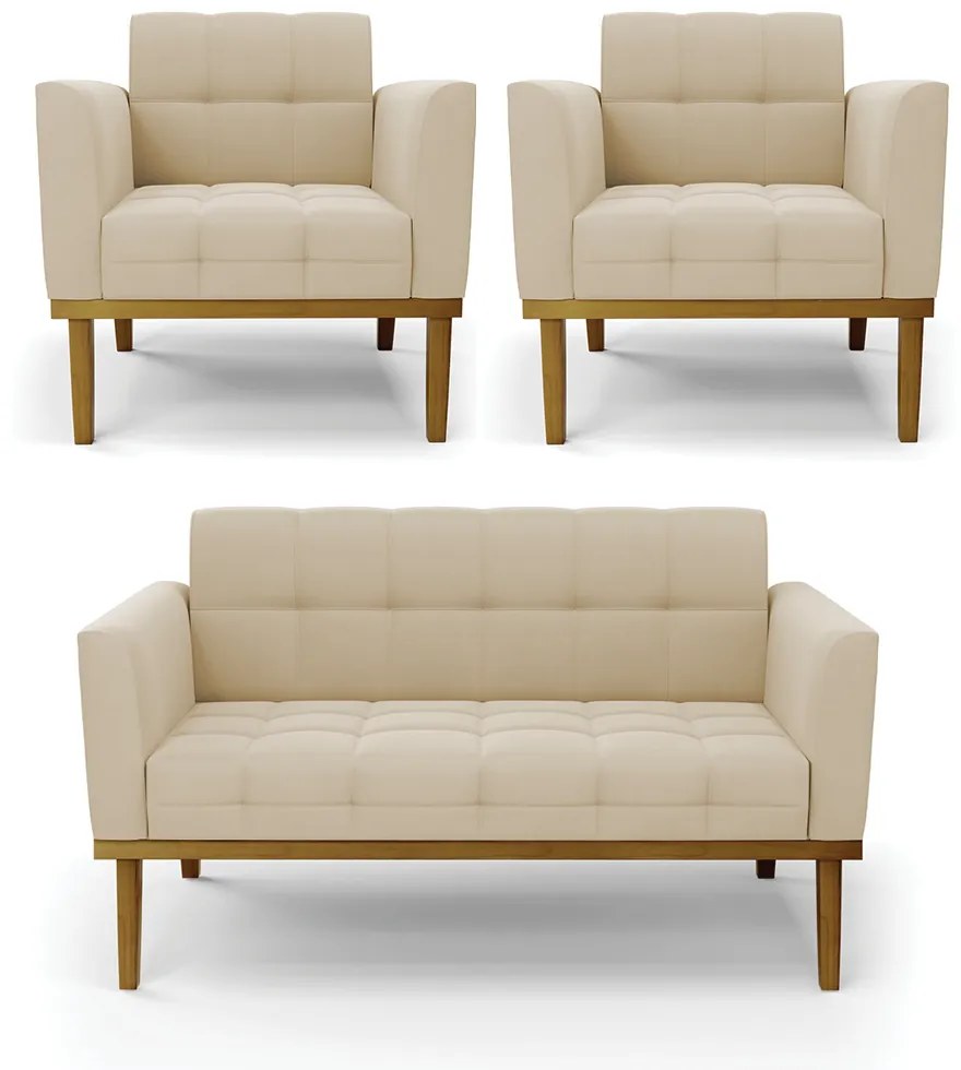Namoradeira com 2 Poltronas Base de Madeira Castanho Elisa Suede D03 - D'Rossi - Bege