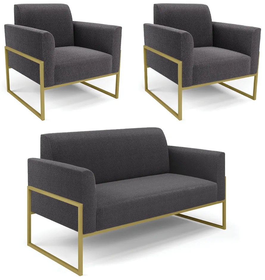 Namoradeira e 2 Poltronas Industrial Alta Dourado Marisa Bouclê - Grafite