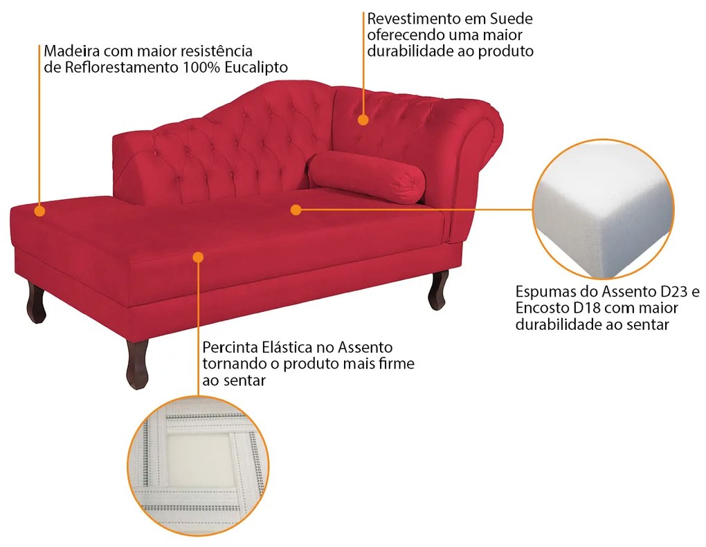 Recamier Diana 185cm Lado Esquerdo Suede Vermelho - ADJ Decor