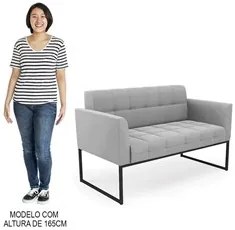 Sofá Namoradeira e 2 Poltronas Base Industrial Preto Ana Suede Cinza -