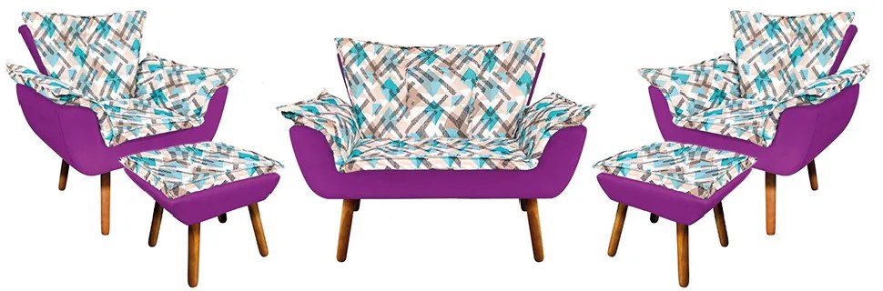 Kit 01 Namoradeira com 02 Poltronas e 02 Puffs Opala Composê Suede com Estampado Traçado Azul D33 Pés Palito Castanho - Roxo