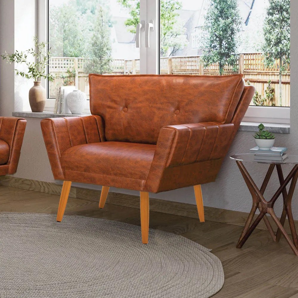 Poltrona Sala Pé Palito Madeira Anitta Sintético PU Nozes D03 - D'Rossi