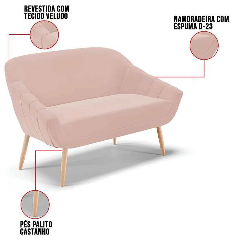 Kit 01 Namoradeira 02 Lugares e 02 Poltronas Giovana Veludo Pés Palito Natural D03 - D'Rossi - Rose