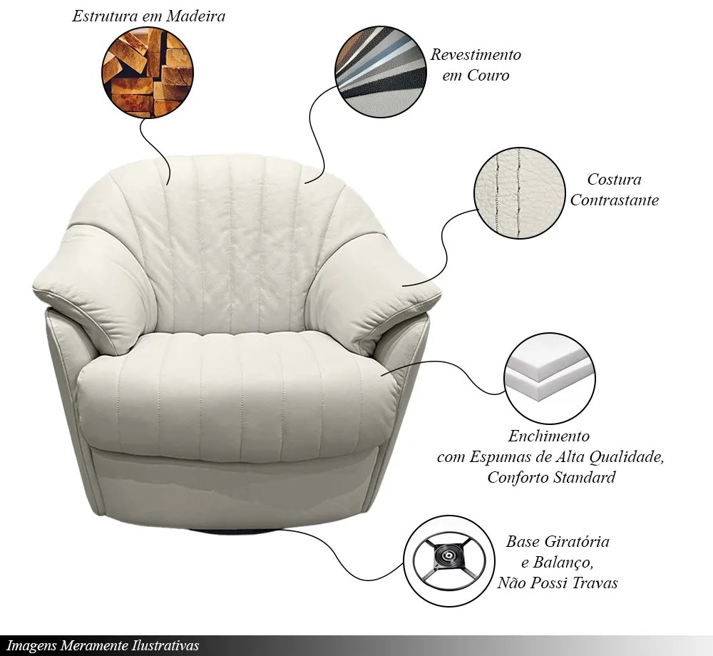 Poltrona Sala de Estar com Balanço Mars Base Giratória U270 Couro Bege Claro G49 - Idea Relax By Natuzzi Group