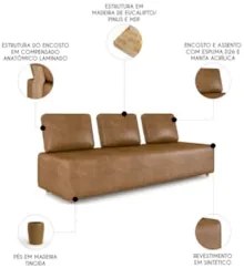 Sofá 3 Lugares 222cm Sala de Estar Rovier Sintético Caramelo Z32 - Mpo