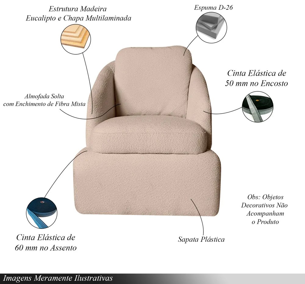 Poltrona Design Califa Encosto Almofadado Bouclê Bege G92 - Gran Belo