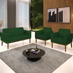 Sofá Namoradeira e 2 Poltronas Base Madeira Castanho Maressa Veludo Lu