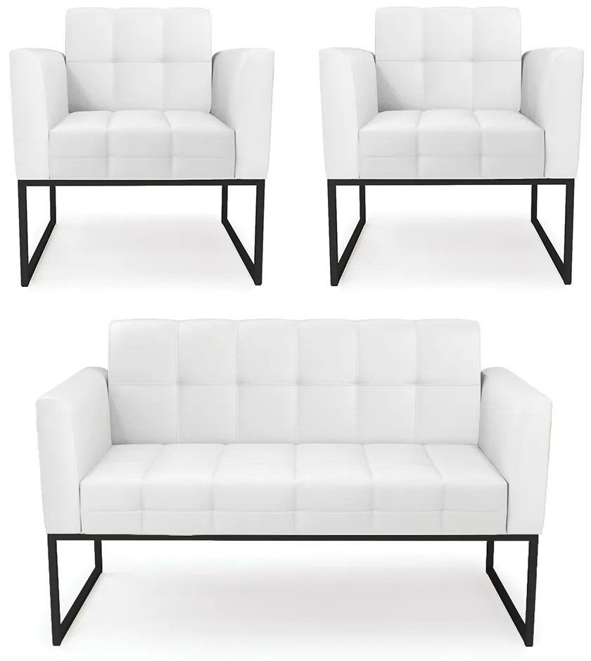 Kit 1 Sofá Namoradeira e 2 Poltronas Elisa Corino Branco Base Metálica Industrial Preto - D'Rossi