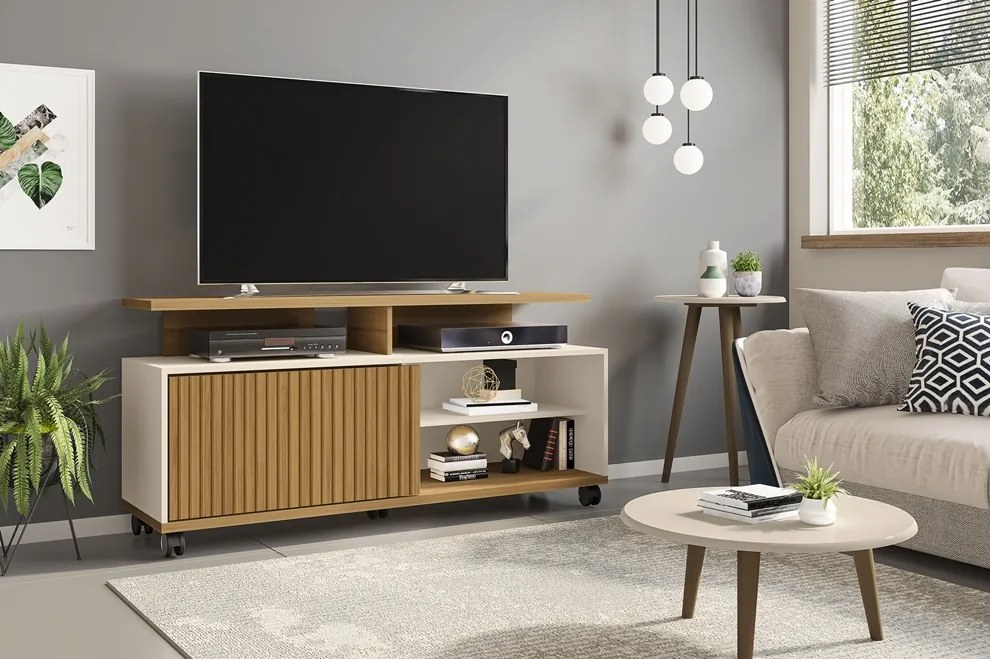 Rack Para TV Topázio Ripado Cinamomo Com Off White – Bechara Móveis