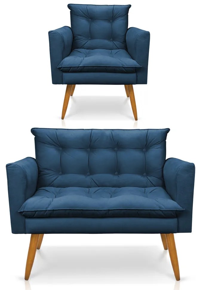 Kit 1 Sofá Namoradeira e 1 Poltrona Tais Suede Pés Palito Castanho - D'Rossi - Azul Marinho