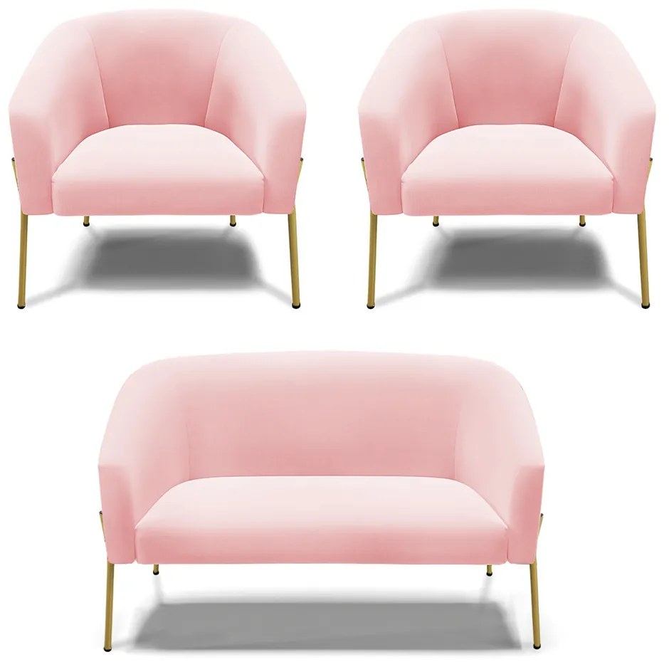 Namoradeira e 2 Poltronas Pé de Ferro Dourado Stella Suede D03 - D'Rossi - Rosa Bebê