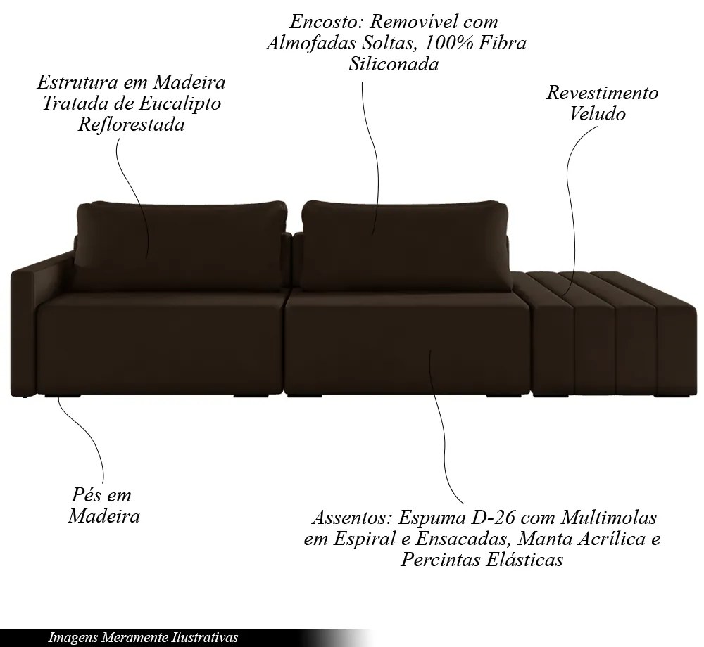 Sofá Ilha Modulado Milos 232cm Puff Lateral Veludo Marrom G33 - Gran Belo
