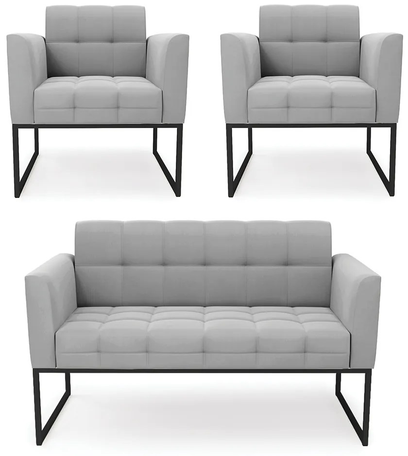 Kit 1 Sofá Namoradeira e 2 Poltronas Elisa Suede Cinza Base Metálica Industrial Preto - D'Rossi