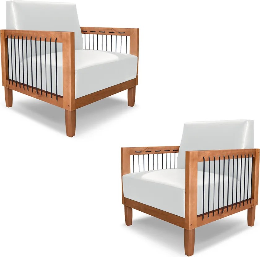 Kit 2 Poltronas Sala de Estar Pés Madeira Maciça Corda Náutica Preta 75cm Manila PU Branco G63 - Gran Belo
