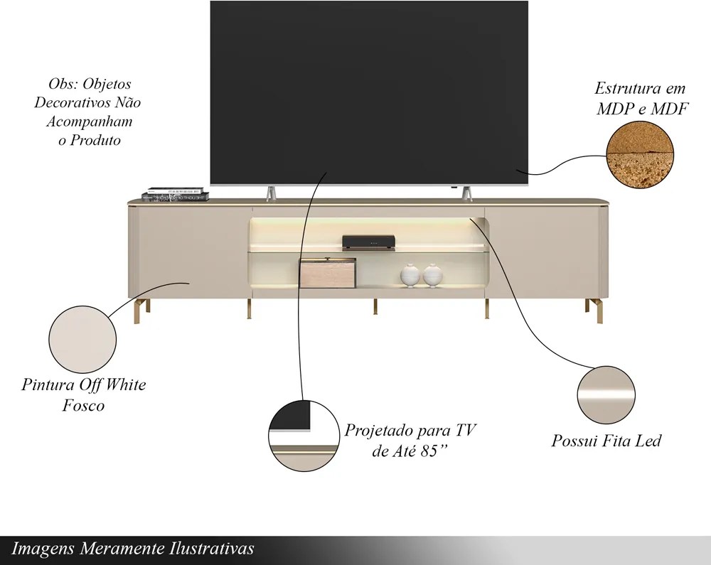 Rack Bancada Decorativo Switch MDP/MDF TV até 85 Polegadas LED Prateleiras Off White G77 - Gran Belo