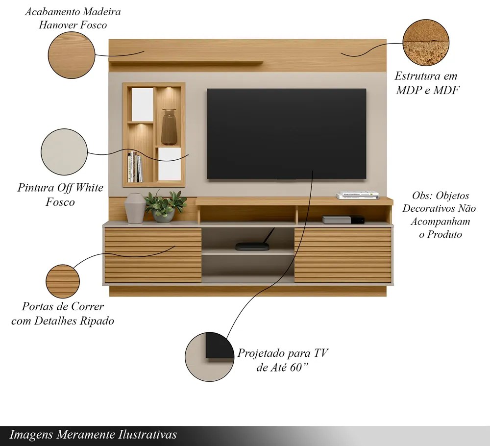 Home Decorativo Evan MDP/MDF Ripado com Nicho TV até 60 Polegadas Hanover/Off White G77 - Gran Belo