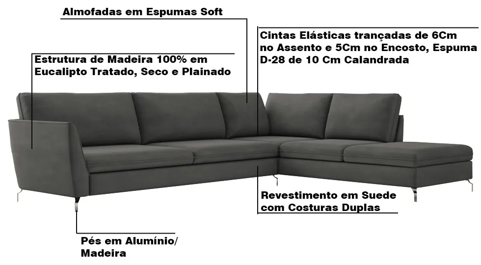 Sofá de Canto Chaise Direito 307 cm Olívia Suede Grafite G52 - Gran Belo