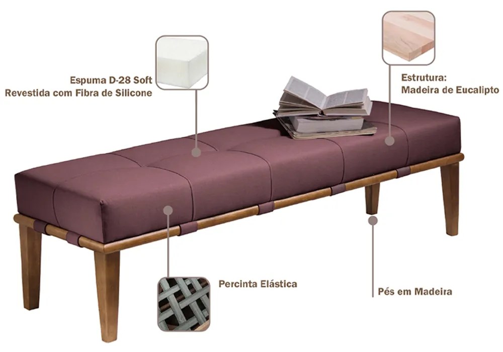Recamier Decorativo 140cm Martínez Veludo Pés Madeira Rosa/Mel G62 - Gran Belo