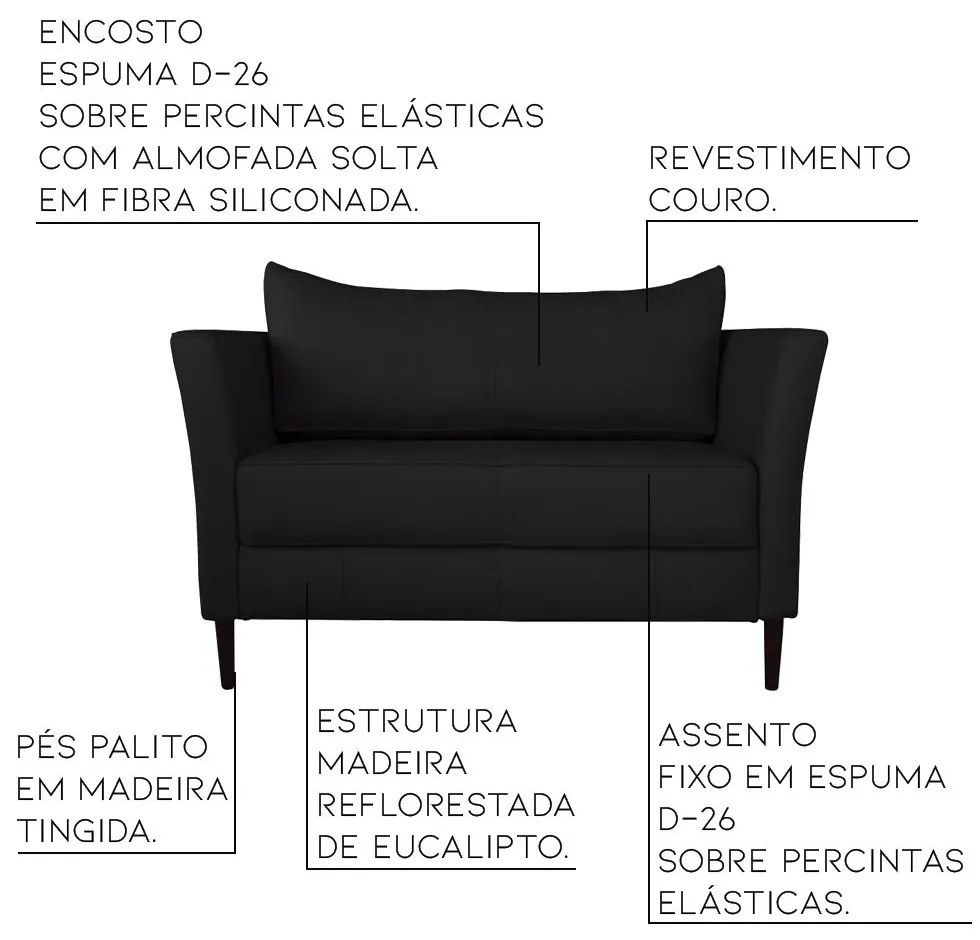 Conjunto Sofá 2 Lugares com Poltrona Pés Palito Lubbock Couro Preto G58 - Gran Belo