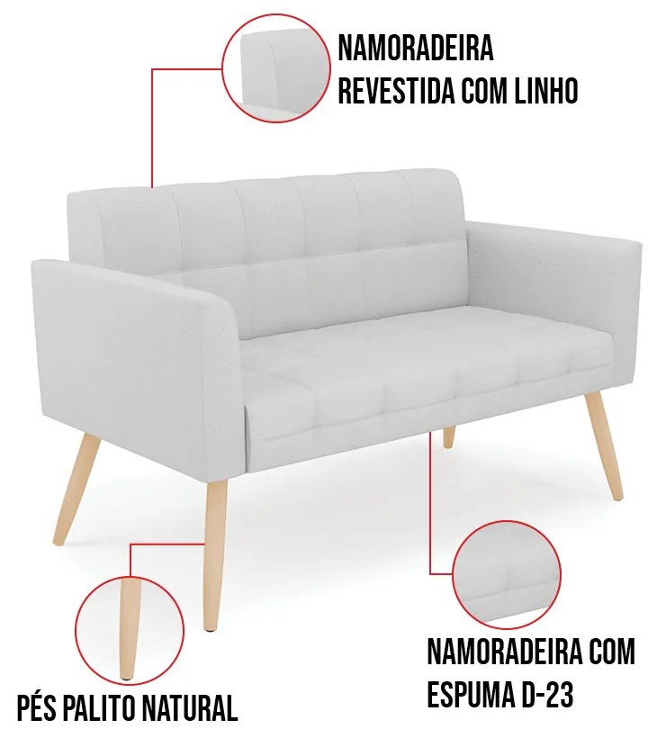 Kit 1 Sofá Namoradeira e 2 Poltronas Elisa Linho Pés Palito Natural D03 - D'Rossi - A05 Cinza