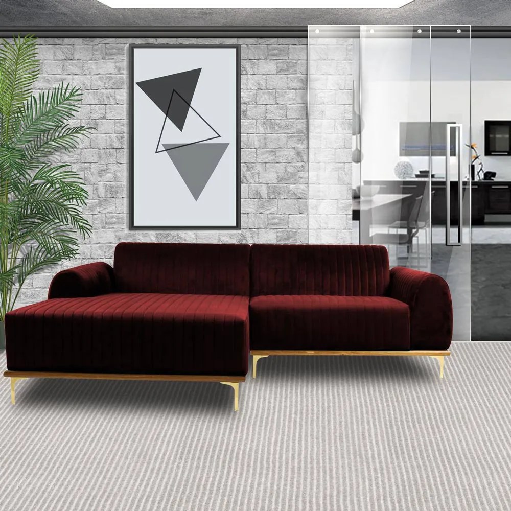 Sofá 4 Lugares Bipartido com Chaise Lado Direito Base de Madeira Euro 265 cm Veludo Vinho G15 - Gran Belo