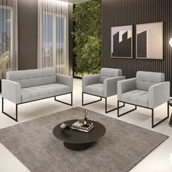 Sofá Namoradeira e 2 Poltronas Base Industrial Preto Ana Veludo Cinza