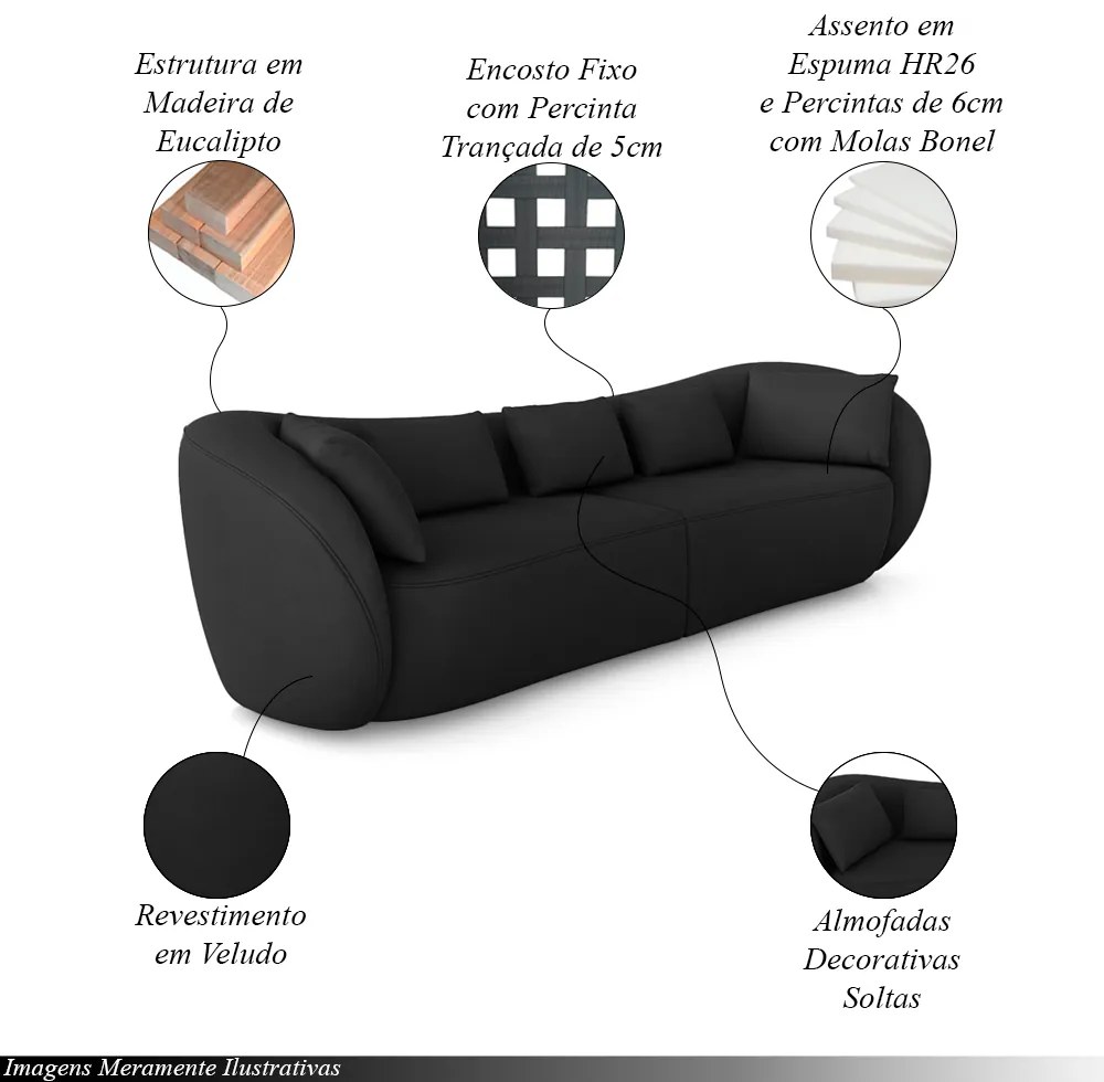 Sofá Bipartido Sala de Estar Diamond 292cm com Almofadas Soltas Veludo Preto G52 - Gran Belo