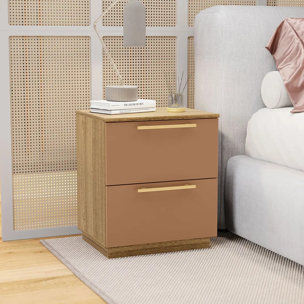 Mesa Cabeceira Quarto 50cm com 2 Gavetas Magna V01 - D'Rossi - Naturale e Camarim
