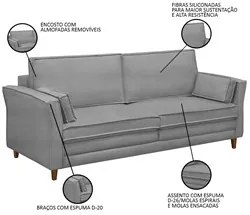 Sofá Living 3 Lugares 220cm Pés Madeira Efraim F05 Veludo Prata - Mpoz