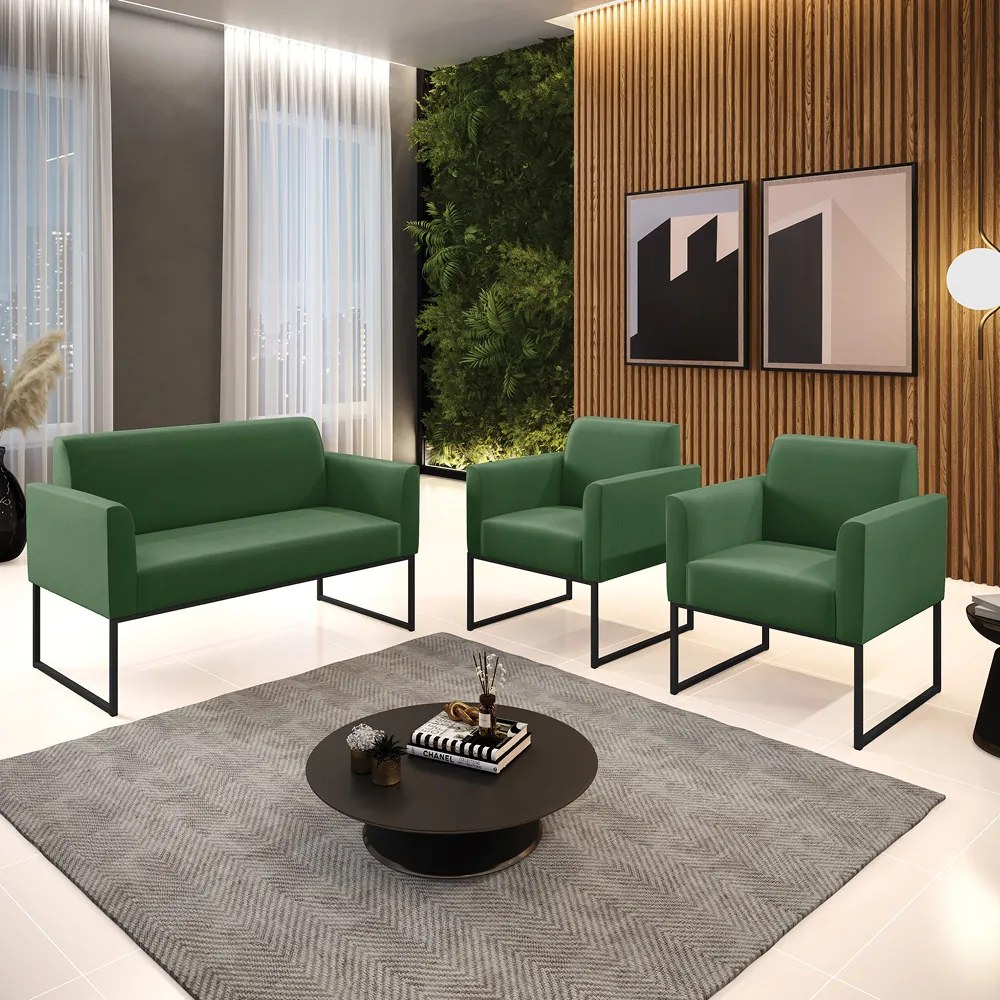 Sofá Namoradeira com 2 Poltronas Base Industrial Preto Marisa Suede Verde D03 - D'Rossi
