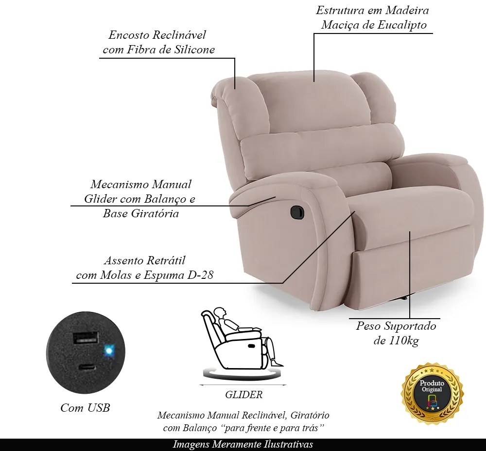 Poltrona do Papai Sala de Cinema Reclinável Kylie Glider Manual Giratória USB Veludo Rosê G23