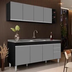 Armário Aéreo Nevada e Balcão Gabinete 180cm Com Pia Dallas Preto/Cinz